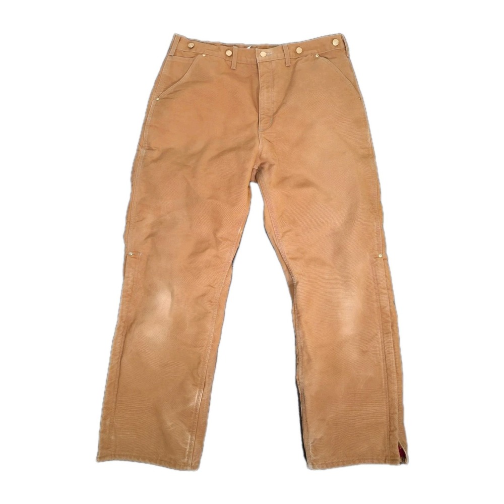 VINTAGE USA Tan Carhartt B10 Red Quilted Lined Work duck Canvas Pants 38X32